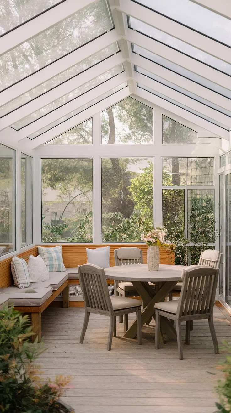 Escape to tranquility in this cottage sunroom, a perfect blend of modern farmhouse sunroom design and conservatory ideas.  The sunroom furniture, including the solarium seating and round dining table, creates a cozy and inviting space, showcasing inspiring sunroom ideas for your own sunroom addition.