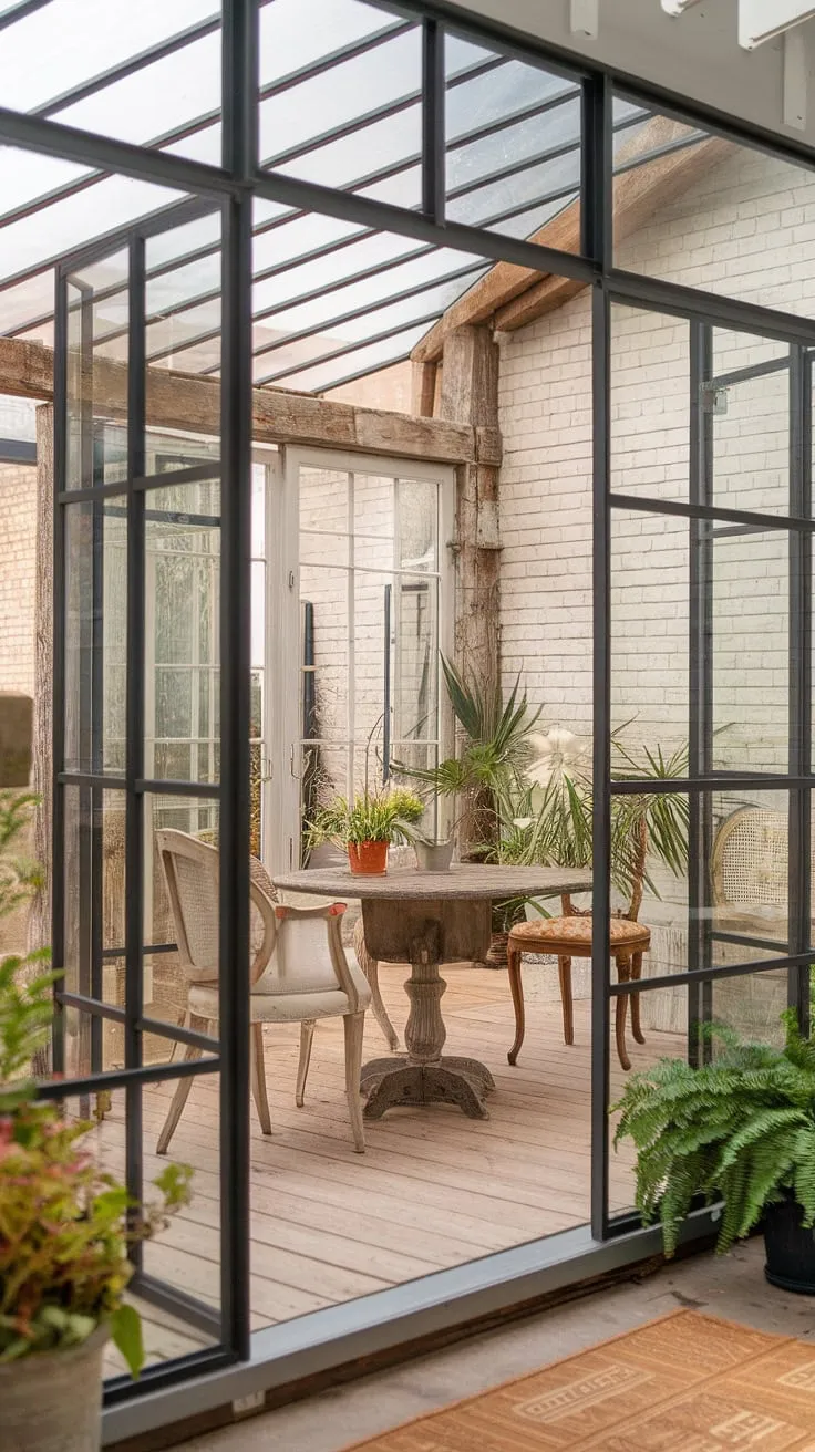 Escape to tranquility in this cottage sunroom.  The sunroom design effortlessly combines modern farmhouse style with inviting sunroom furniture.  This sunroom addition offers endless possibilities for sunroom ideas and luxurious solarium seating, creating a perfect conservatory for relaxation.