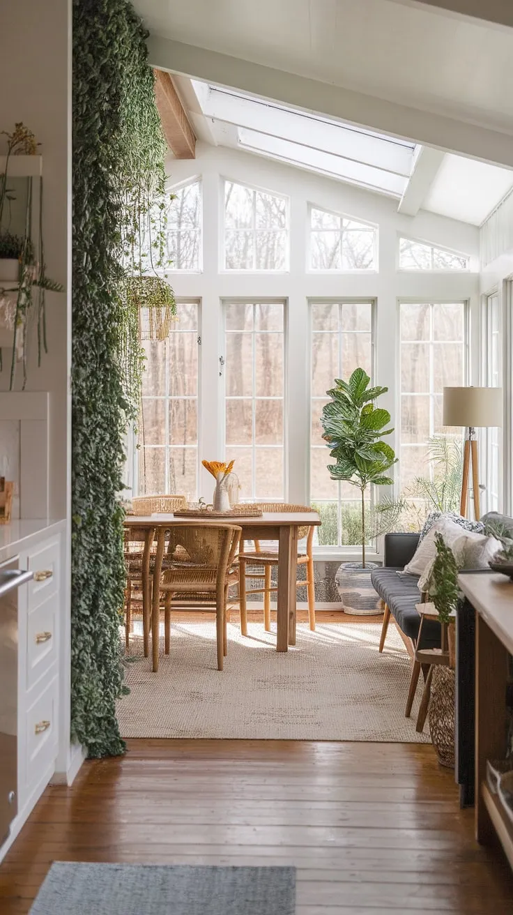 Bathed in sunlight, this modern farmhouse sunroom—a stunning sunroom addition—offers the perfect blend of comfort and style.  The sunroom design maximizes natural light, showcasing beautiful sunroom furniture and inspiring solarium seating arrangements.  Explore these sunroom ideas and conservatory ideas for your own tranquil escape.