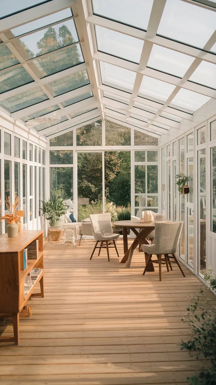 This cottage sunroom is the epitome of sunroom design.  Natural light floods this modern farmhouse sunroom addition, highlighting the rustic wooden floors and charming sunroom furniture.  From the carefully curated solarium seating to the built-in bookshelf, every detail contributes to a peaceful and inviting atmosphere.  Find inspiration for your own sunroom ideas and conservatory ideas in this stunning space.