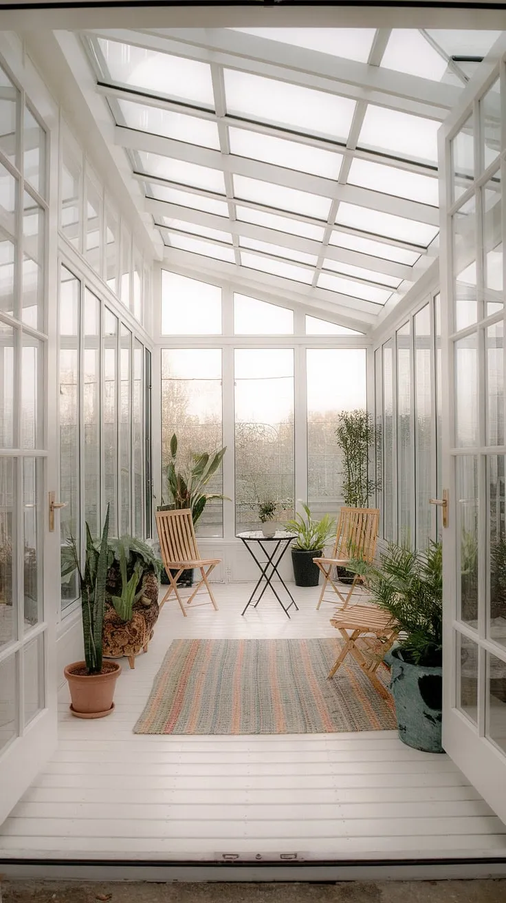 Escape to tranquility in this cottage sunroom.  The sunroom design perfectly balances modern farmhouse style with cozy comfort.  From the sunroom furniture to the inviting solarium seating, every detail contributes to the ultimate sunroom addition. Explore these sunroom ideas for your own home.