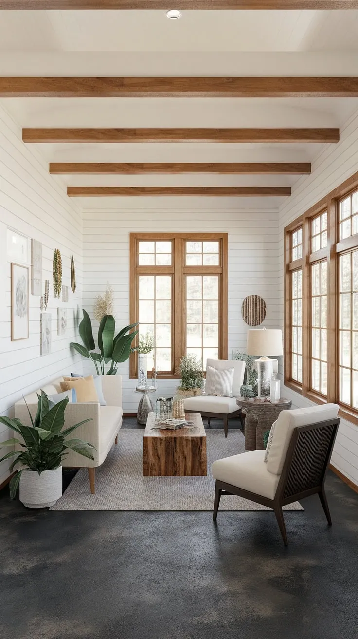 Bathed in natural light, this cottage sunroom exemplifies modern farmhouse sunroom design.  The sunroom furniture, carefully selected for both comfort and style, complements the exposed wooden beams and gray concrete floor.  Consider this inspiring sunroom design and sunroom ideas for your own sunroom addition, complete with inviting solarium seating.