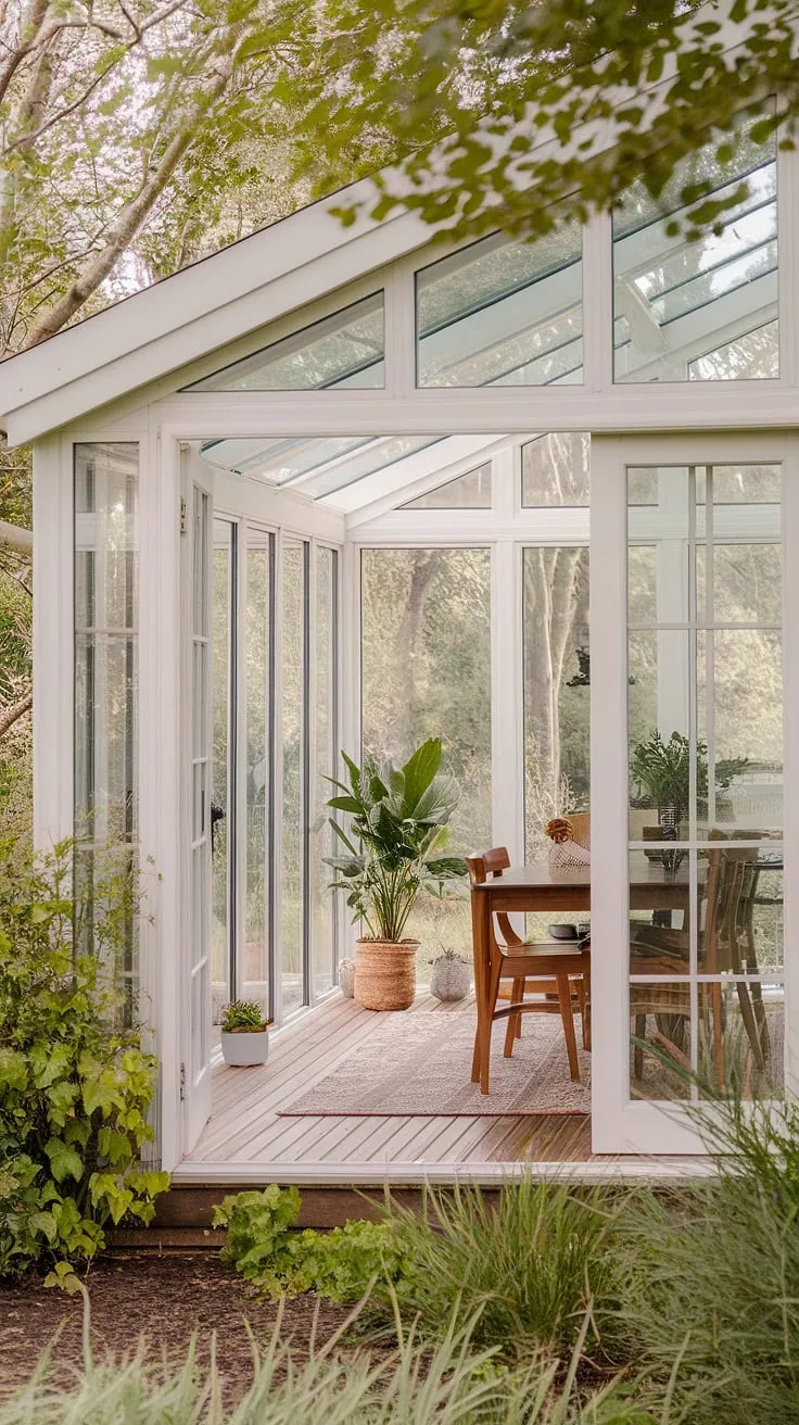 Sunlight streams into this dreamy modern farmhouse sunroom, a testament to clever sunroom design.  The cottage aesthetic shines through in the carefully chosen sunroom furniture and the lush greenery surrounding this sunroom addition.  Consider these conservatory ideas and solarium seating options for your own peaceful escape.