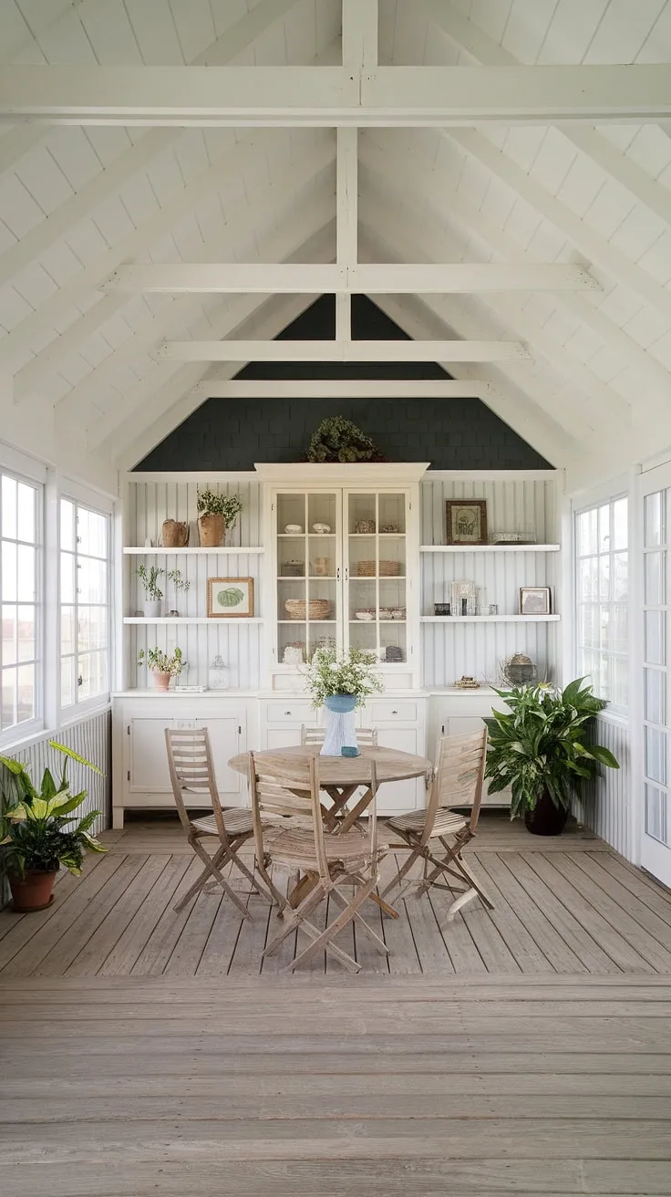 Sunlight streams into this charming cottage sunroom addition, a perfect blend of modern farmhouse style and cozy conservatory ideas.  The sunroom design features whitewashed beams, wide plank flooring, and thoughtfully chosen sunroom furniture, creating the ideal space for relaxation and entertaining.  Solarium seating around the vintage table completes the inviting atmosphere.