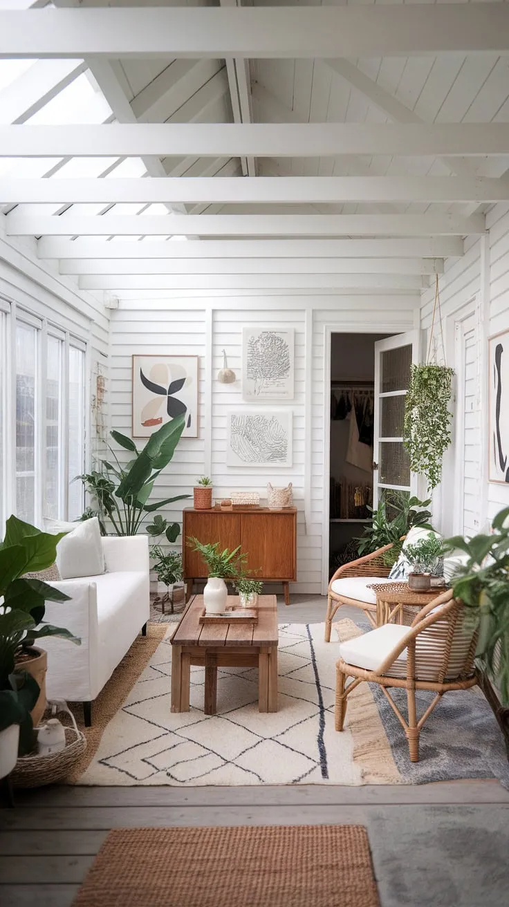 Sunlight streams into this dreamy modern farmhouse sunroom, showcasing the perfect blend of sunroom design and comfortable solarium seating.  The sunroom addition is a stunning example of sunroom ideas, complete with thoughtfully chosen sunroom furniture.  Consider this your inspiration for conservatory ideas.