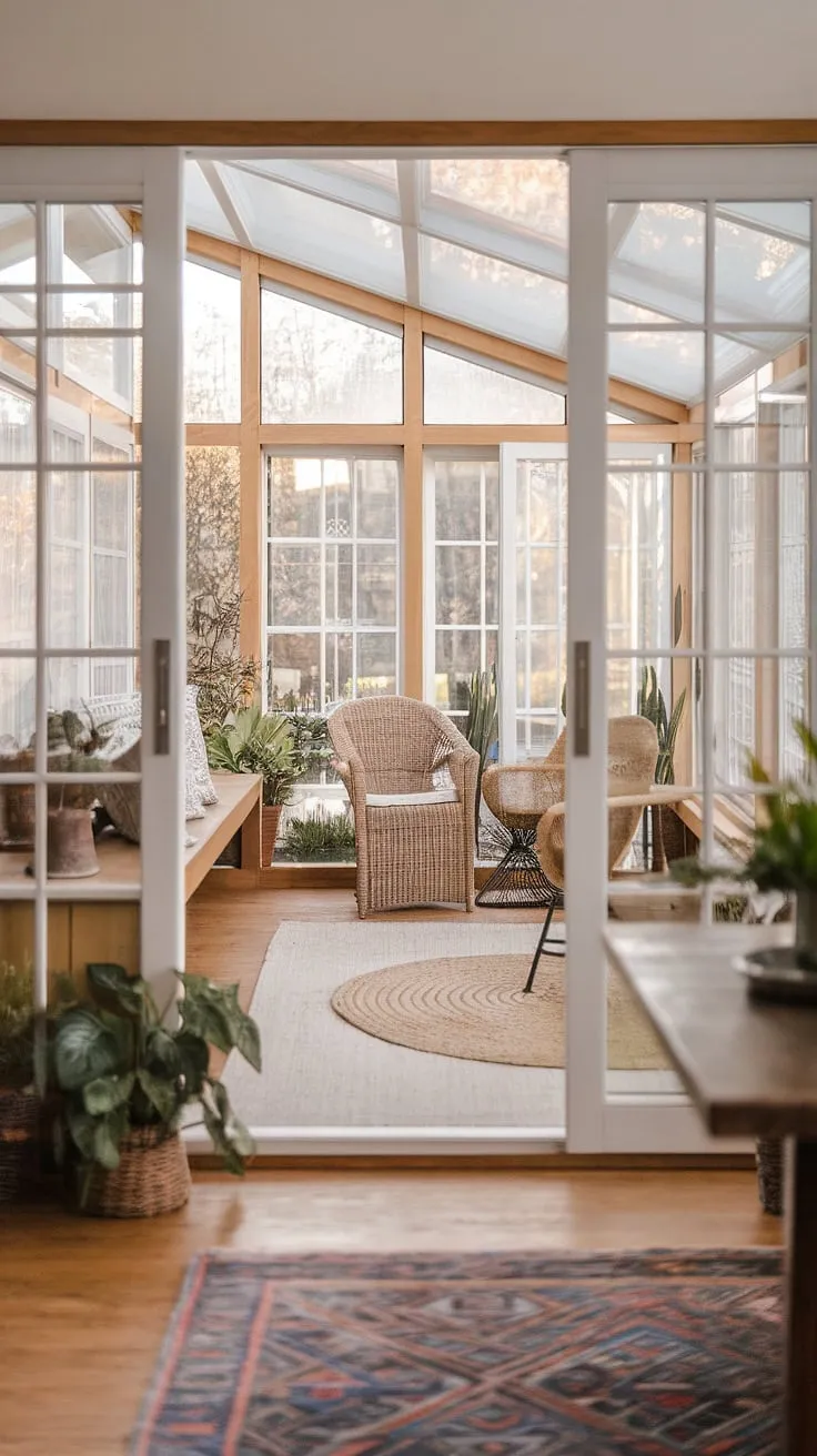Escape to tranquility in this sun-drenched cottage sunroom.  The sunroom furniture creates a cozy and inviting atmosphere, perfectly complementing the sunroom design. This sunroom addition is a masterclass in modern farmhouse sunroom style, offering ample solarium seating for relaxation and enjoyment.  Explore these conservatory ideas for your own home.