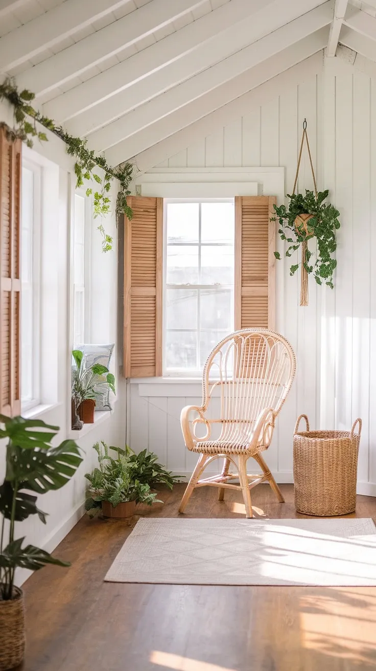 Sunlight streams into this dreamy modern farmhouse sunroom, showcasing the perfect blend of sunroom design and comfortable solarium seating.  The sunroom addition is a stunning example of sunroom ideas, complete with thoughtfully chosen sunroom furniture.  Consider this your inspiration for conservatory ideas.