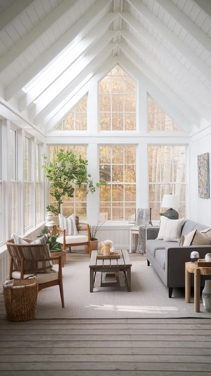 Escape to tranquility in this modern farmhouse sunroom.  This sunroom addition boasts a stunning cottage sunroom aesthetic, with large windows flooding the space with natural light.  The sunroom furniture, including the gray sofa and wooden coffee table, creates a cozy and inviting atmosphere.  Get inspired by this sunroom design and explore your own sunroom ideas for the perfect solarium seating arrangement.