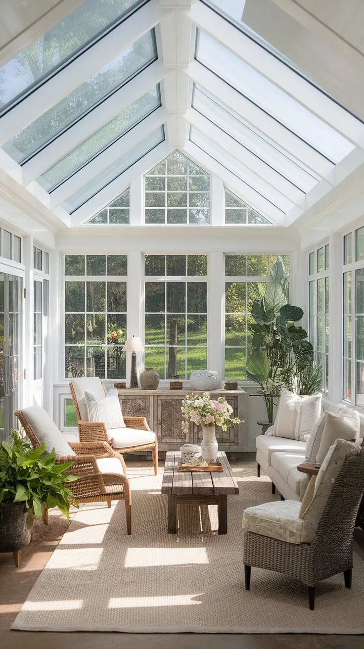 Sunlight streams into this dreamy modern farmhouse sunroom, showcasing the perfect blend of sunroom design and comfortable solarium seating.  The sunroom addition is a stunning example of sunroom ideas, complete with thoughtfully chosen sunroom furniture.  Consider this inspiration for your own conservatory ideas.