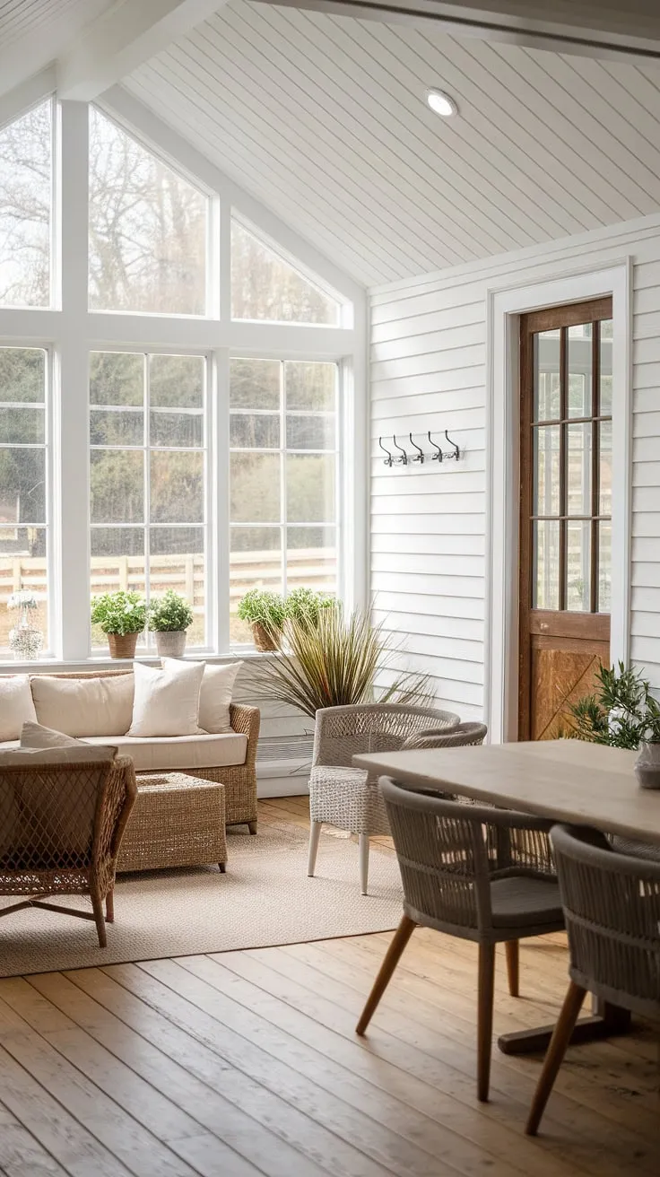 Sunroom ideas abound in this stunning space!  This cottage sunroom seamlessly integrates modern farmhouse elements, creating a sun-drenched haven.  The thoughtful sunroom furniture and solarium seating arrangements make it the ideal spot for unwinding. Explore the possibilities of a sunroom addition with this inspiring sunroom design.