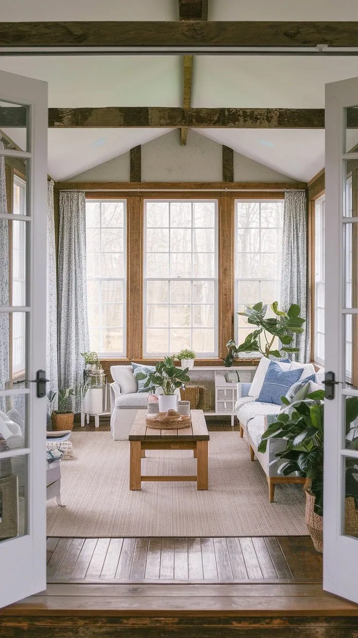 Transform your home with a sunroom addition that's both stylish and functional. This modern farmhouse sunroom boasts stunning sunroom ideas, from the carefully chosen sunroom furniture to the inviting solarium seating.  Explore the possibilities of cottage sunroom design and create your own peaceful conservatory retreat.