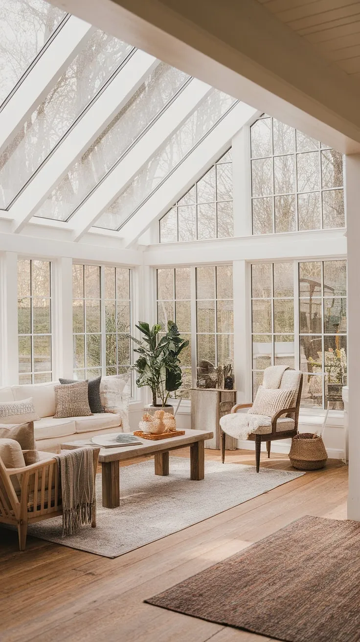 Bathed in sunlight, this modern farmhouse sunroom—a stunning sunroom addition—offers the perfect blend of comfort and style.  The sunroom design maximizes natural light, showcasing beautiful sunroom furniture and inspiring conservatory ideas.  Note the comfortable solarium seating, ideal for relaxing and enjoying the view.  Explore sunroom ideas and discover the possibilities for your own cottage sunroom.