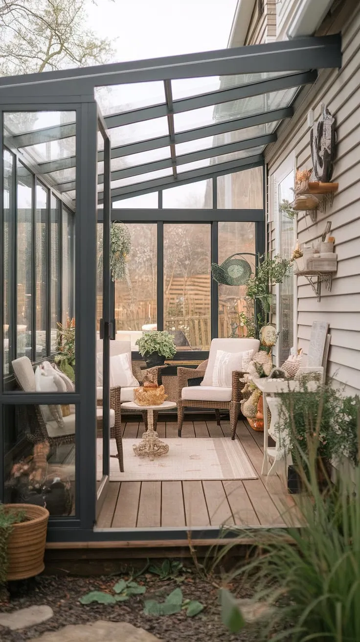 Bathed in sunlight, this modern farmhouse sunroom—a stunning sunroom addition—offers the perfect blend of comfort and style.  The sunroom design maximizes natural light, showcasing beautiful sunroom furniture and inviting solarium seating.  Explore endless sunroom ideas and conservatory ideas for your own tranquil escape.