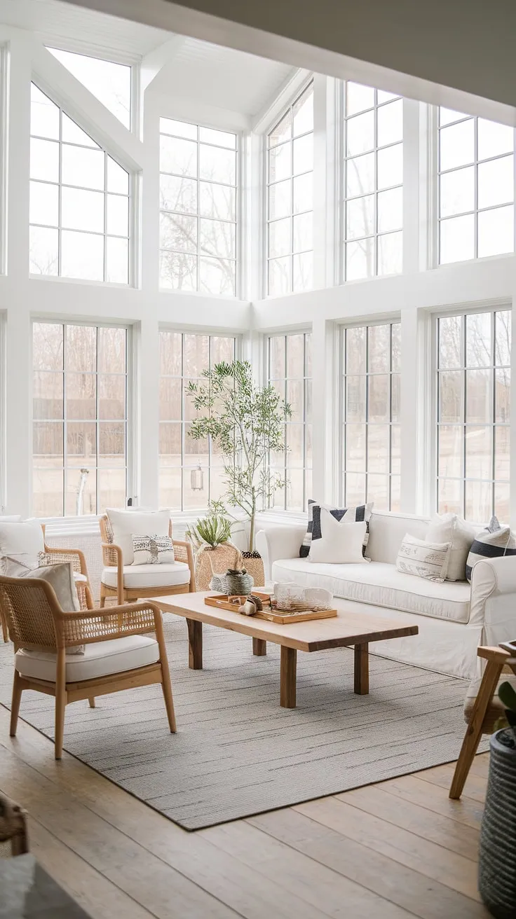 Sunlight streams into this dreamy modern farmhouse sunroom, a perfect blend of cottage charm and contemporary design.  The sunroom addition boasts ample solarium seating, showcasing inspiring sunroom ideas and furniture choices that create a relaxing and inviting space.  Consider this your guide to sunroom design and conservatory ideas for your own home.