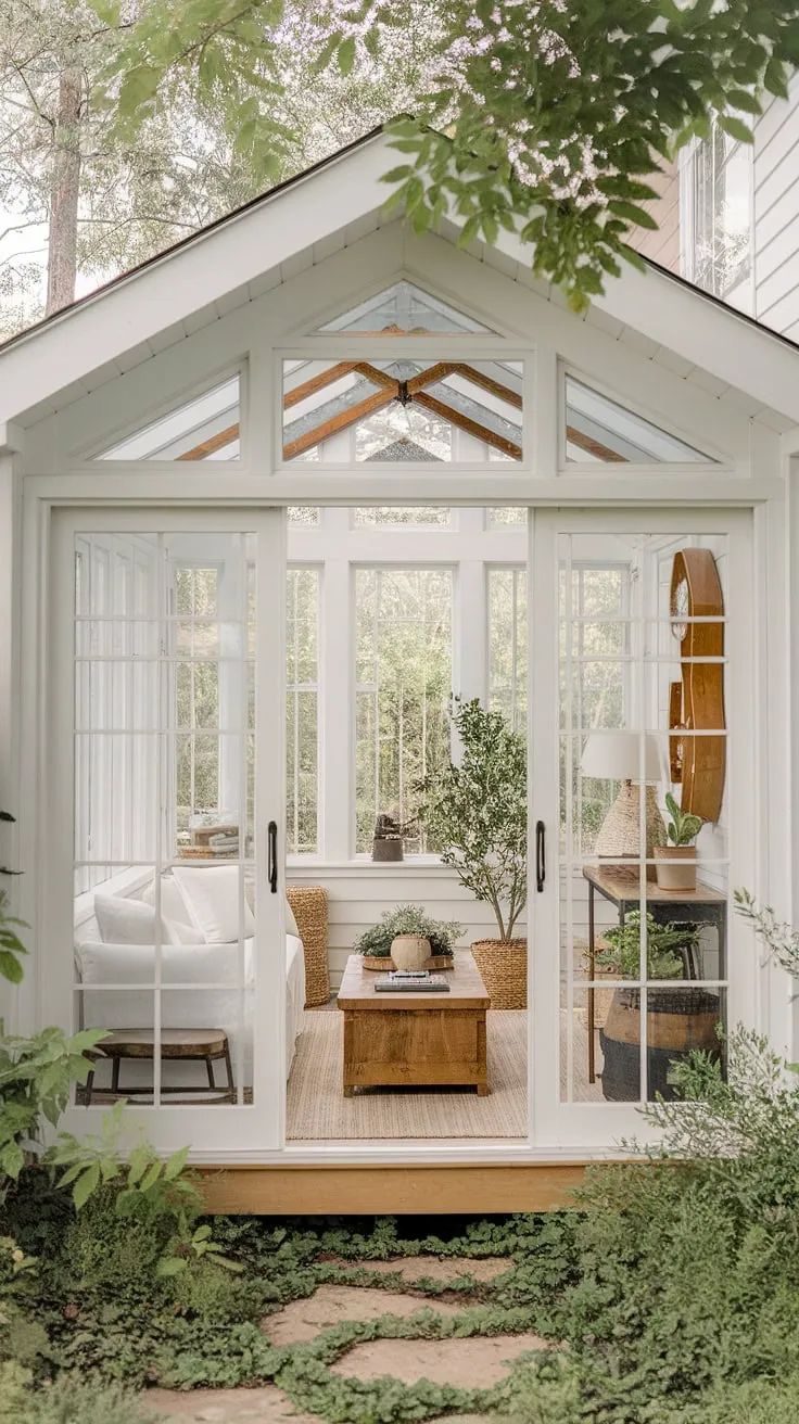 Sunlight streams into this dreamy modern farmhouse sunroom, showcasing the perfect blend of sunroom design and comfortable solarium seating.  The sunroom addition offers endless sunroom ideas, from the charming cottage sunroom aesthetic to the carefully chosen sunroom furniture.