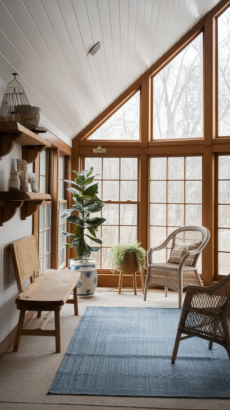 Escape to tranquility in this cottage sunroom.  The sunroom design effortlessly marries modern farmhouse style with inviting sunroom furniture.  This sunroom addition offers endless possibilities for relaxation, making it the perfect space to explore your own conservatory ideas and solarium seating arrangements.