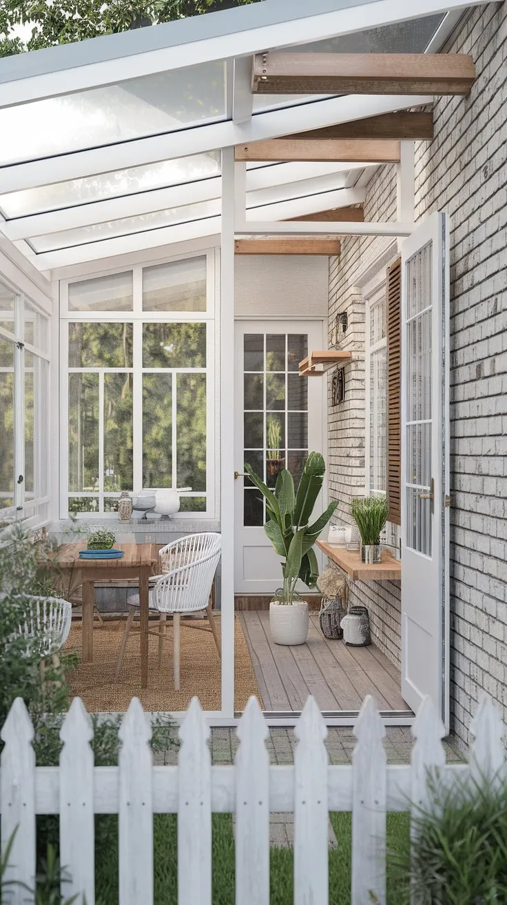 Sunroom ideas don't get much better than this.  This modern farmhouse sunroom boasts a delightful cottage aesthetic, showcasing beautiful sunroom design elements like exposed beams and a white picket fence. The carefully curated sunroom furniture, including the inviting solarium seating, completes the picture.  Consider this a perfect example of a sunroom addition and a source of inspiration for your own conservatory ideas.