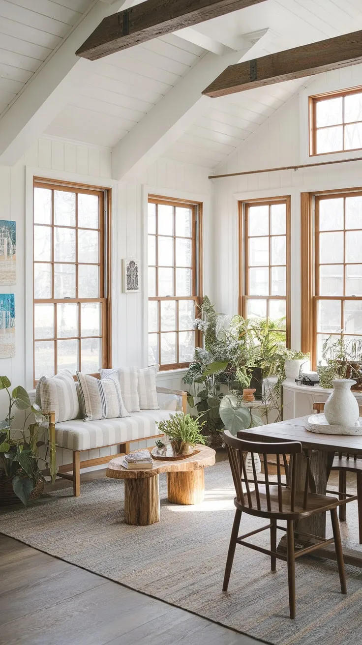 Bathed in sunlight, this modern farmhouse sunroom—a stunning sunroom addition—offers the perfect blend of comfort and style.  The sunroom design maximizes natural light, showcasing beautiful sunroom furniture and inviting solarium seating.  Explore endless sunroom ideas and conservatory ideas for your dream space.