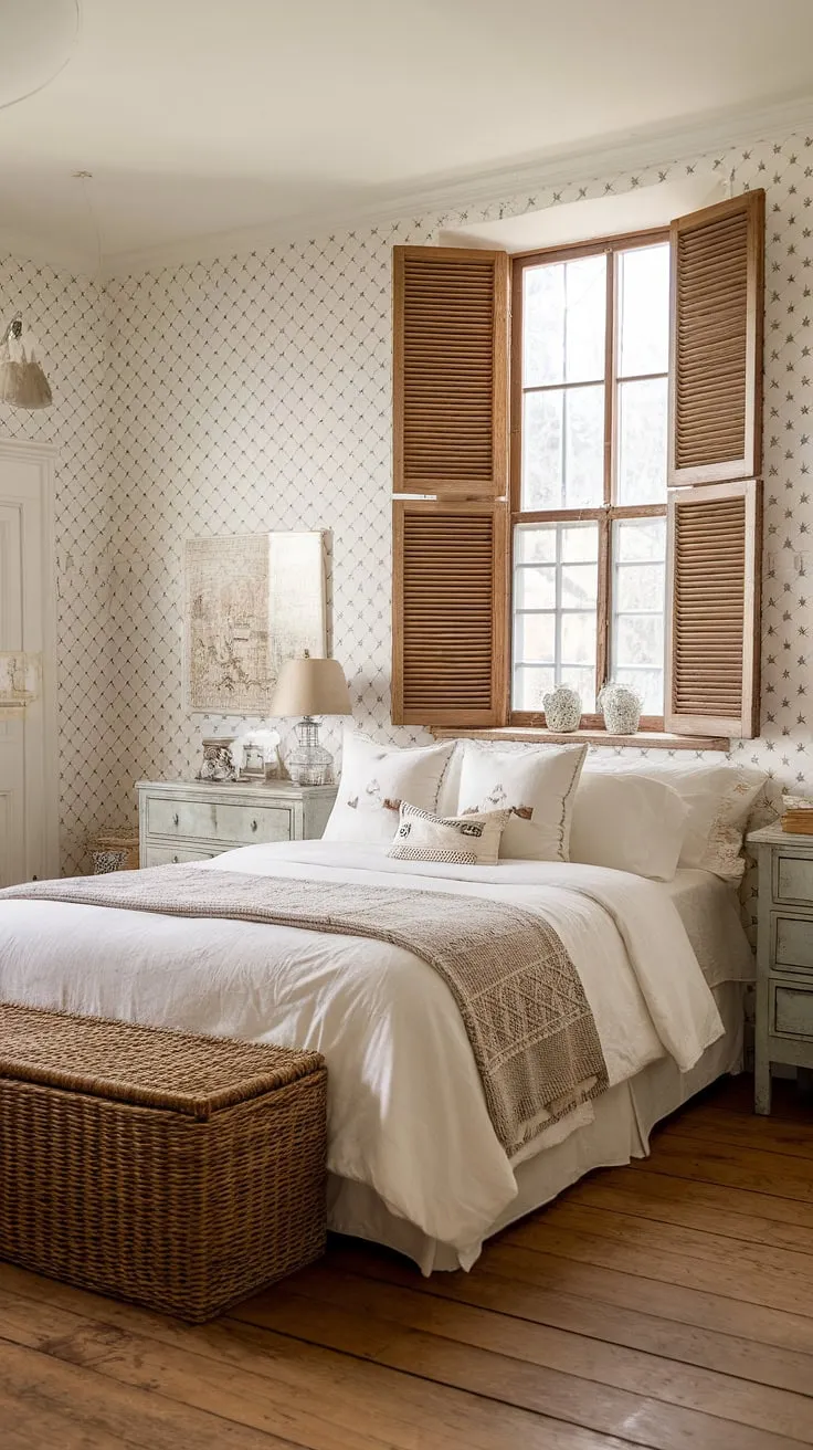Step into this cozy chic bedroom, a haven of white country bedroom ideas and rustic bedroom inspiration. The country vintage bedroom's patterned wallpaper and wooden shutters create a charming cottagecore vintage bedroom atmosphere, while the queen-sized bed with woven basket at its foot adds a touch of farmhouse style. Nightstands flank the bed, one holding a vintage lamp, completing this southern home bedroom's country chic bedroom decor. The wood floors add warmth to this cozy cottage bedroom.