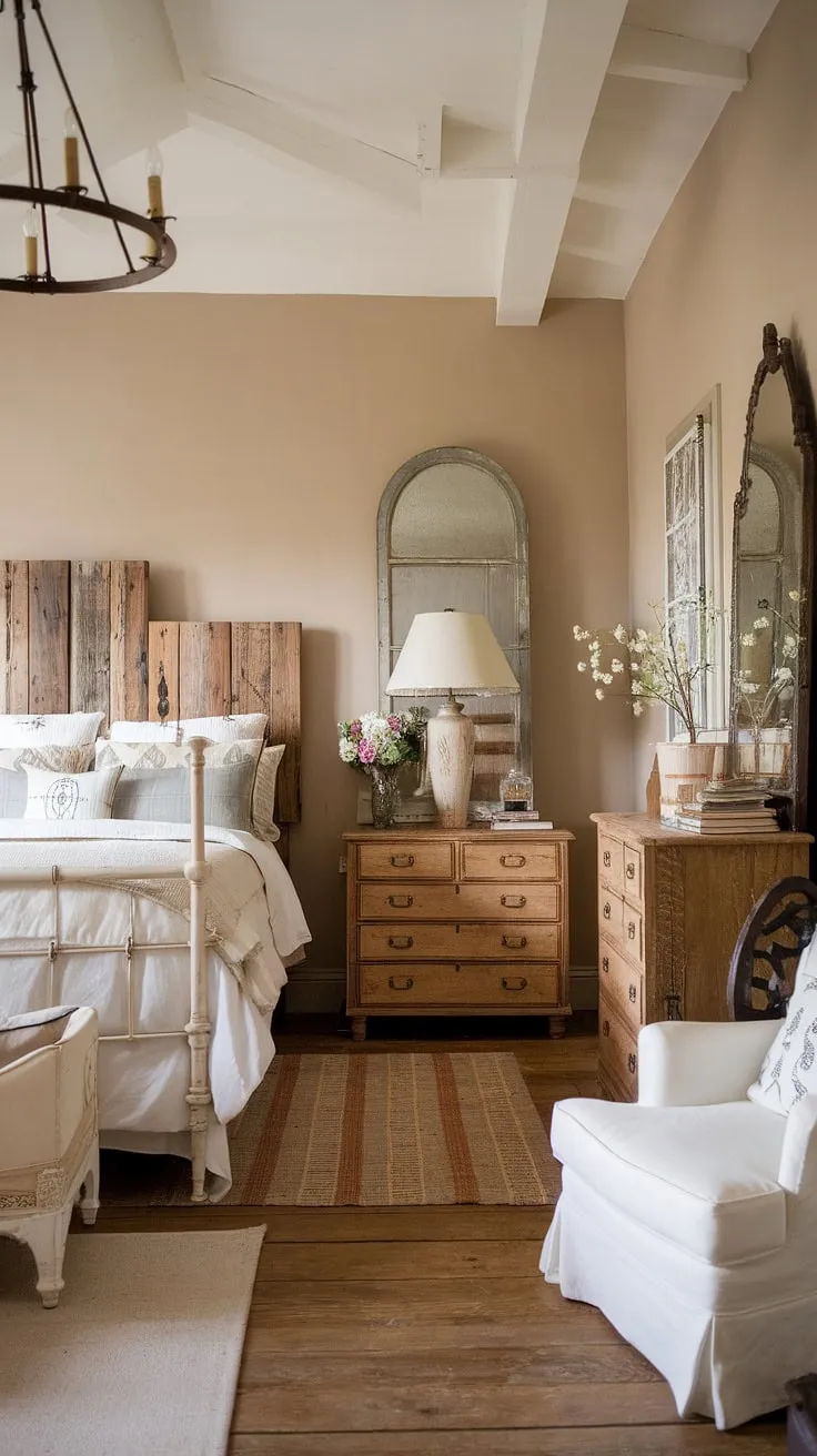 Escape to this cozy chic bedroom, a perfect blend of country vintage charm and farmhouse style. White country bedroom ideas meet rustic bedroom inspiration in this dreamy cottagecore vintage bedroom.