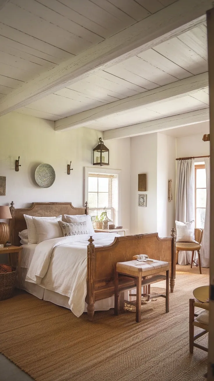 Step into this cozy chic country bedroom, a haven of rustic farmhouse style and cottagecore vintage charm. White walls and a wooden ceiling create a bright yet warm ambiance, while the vintage wooden bed frame, dressed in crisp white linens, anchors the space. This southern home bedroom offers rustic bedroom inspiration with its thoughtful details, from the woven rug to the charming nightstand lamp. Perfect examples of white country bedroom ideas and country chic bedroom decor, this cozy cottage bedroom embodies the essence of a country vintage bedroom.