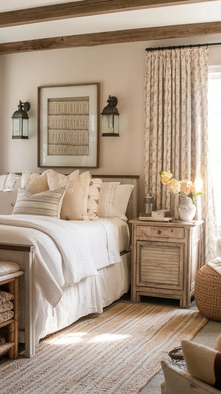 Step into this serene country bedroom, a haven of white country bedroom ideas and cozy chic bedroom charm. The farmhouse style furniture, woven rug, and soft lighting create a rustic bedroom inspiration that whispers of cottagecore vintage bedroom dreams. Distressed wood and textured fabrics add to the southern home bedroom feel, making it the perfect cozy cottage bedroom escape.