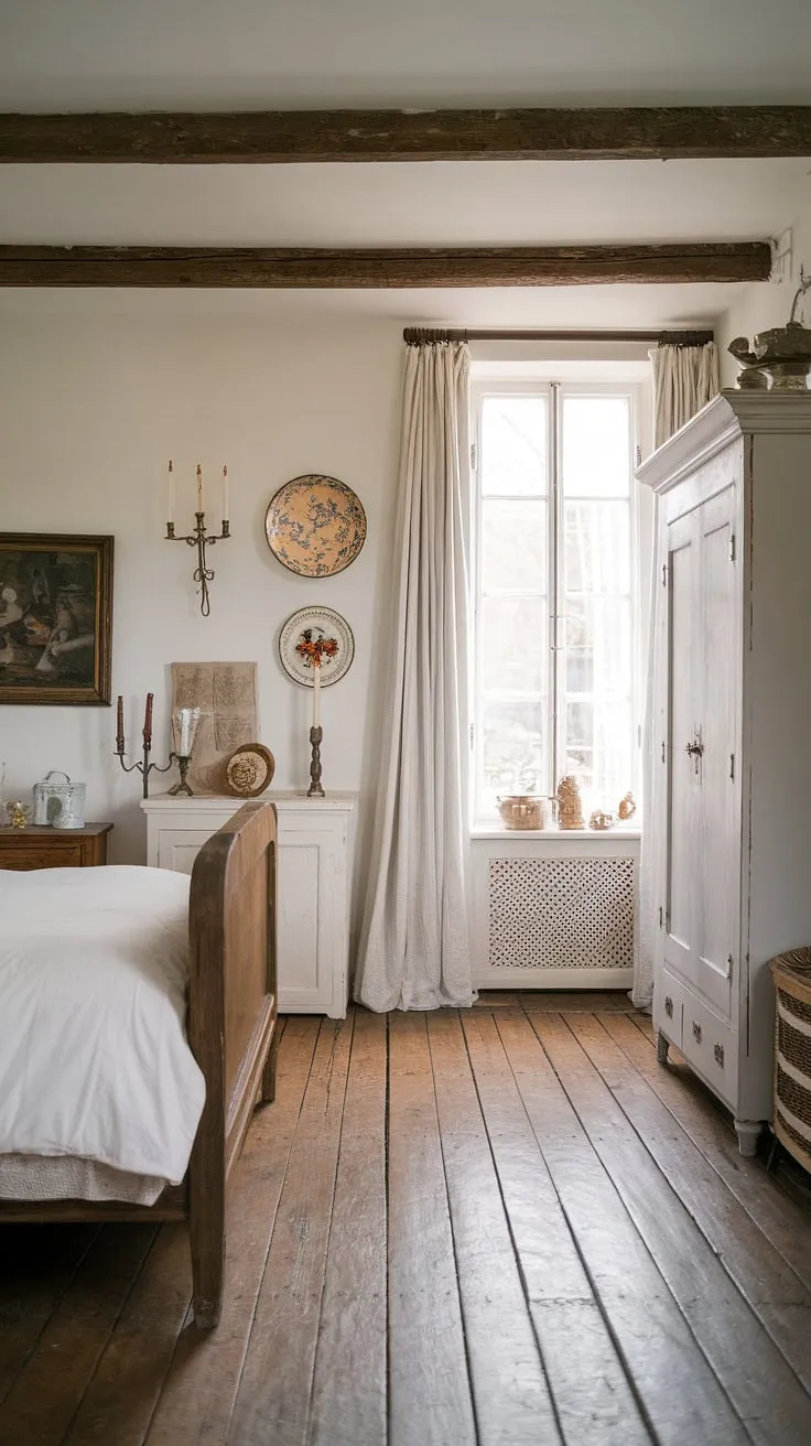 Escape to this cozy cottage bedroom, a haven of white country bedroom ideas and country vintage bedroom style. Southern home bedroom vibes meet rustic wooden planking for the ultimate country bedroom retreat.