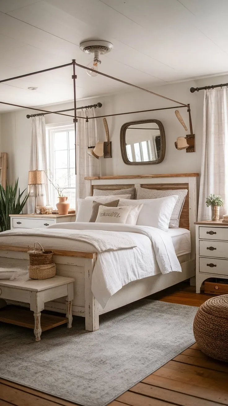 This country bedroom embodies cozy chic bedroom style with its white country bedroom aesthetic and charming farmhouse style. The rustic details throughout, from the bed frame to the dresser, blend seamlessly with the grey area rug and wooden floors, creating a truly inviting space. This cottagecore vintage bedroom offers rustic bedroom inspiration and showcases the best of southern home bedroom design, making it the perfect example of country chic bedroom decor.