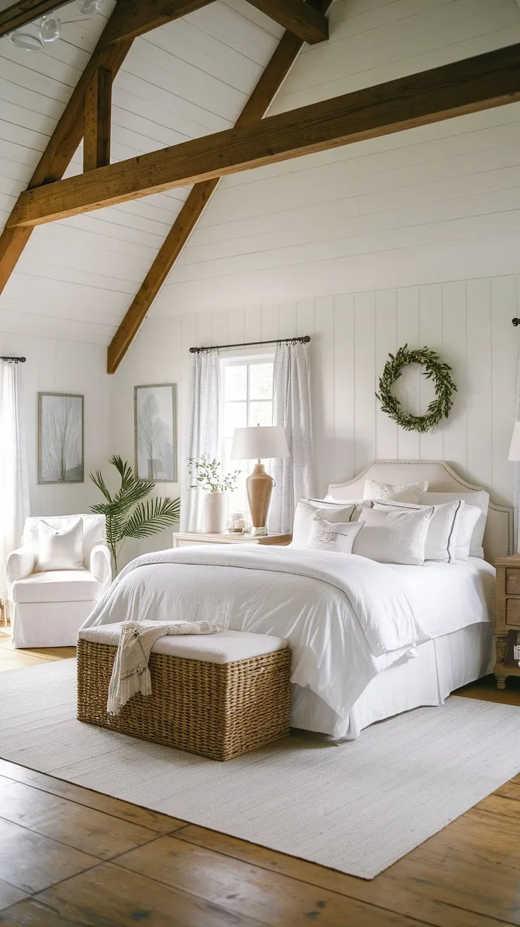 Dreamy white country bedroom, showcasing the perfect blend of country chic bedroom decor and cozy cottage bedroom vibes. This rustic bedroom inspiration offers a serene escape with farmhouse style details.