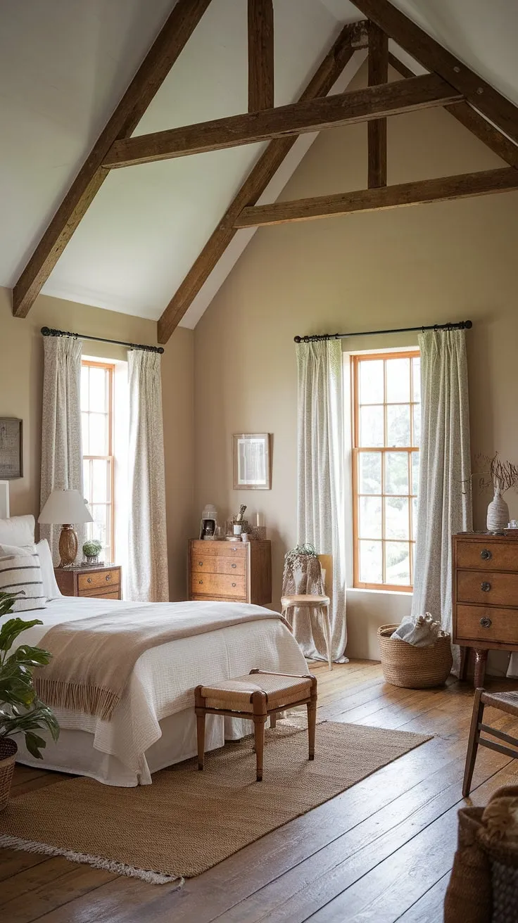 This country bedroom is a dream come true for lovers of country chic bedroom decor. The rustic bedroom inspiration is evident in the exposed beams and wooden floors, while the white country bedroom ideas shine through in the crisp white bedding and beige walls. A mix of wooden furniture pieces, including a chest of drawers and nightstand, adds to the farmhouse style, creating a cozy cottage bedroom with a country vintage bedroom feel. The addition of a woven rug and personal items completes this charming, southern home bedroom.
