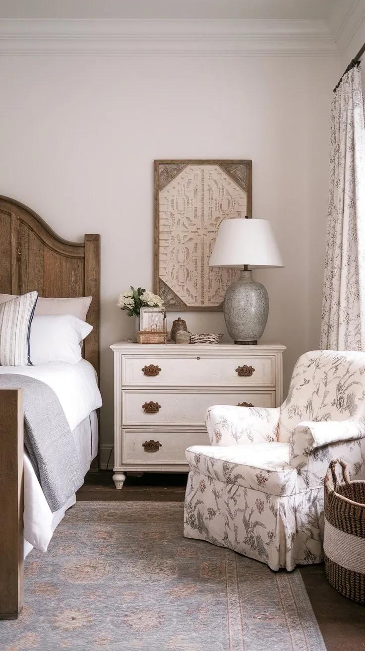 This cozy cottage bedroom is the epitome of country vintage bedroom style. The white walls provide a bright backdrop for the rustic bedroom inspiration, featuring a farmhouse style wooden headboard and white dresser. The country chic bedroom decor includes a patterned armchair and a vintage lamp, creating a warm and inviting atmosphere. This country bedroom is a perfect example of white country bedroom ideas, offering a blend of cozy chic bedroom comfort and cottagecore vintage bedroom charm.