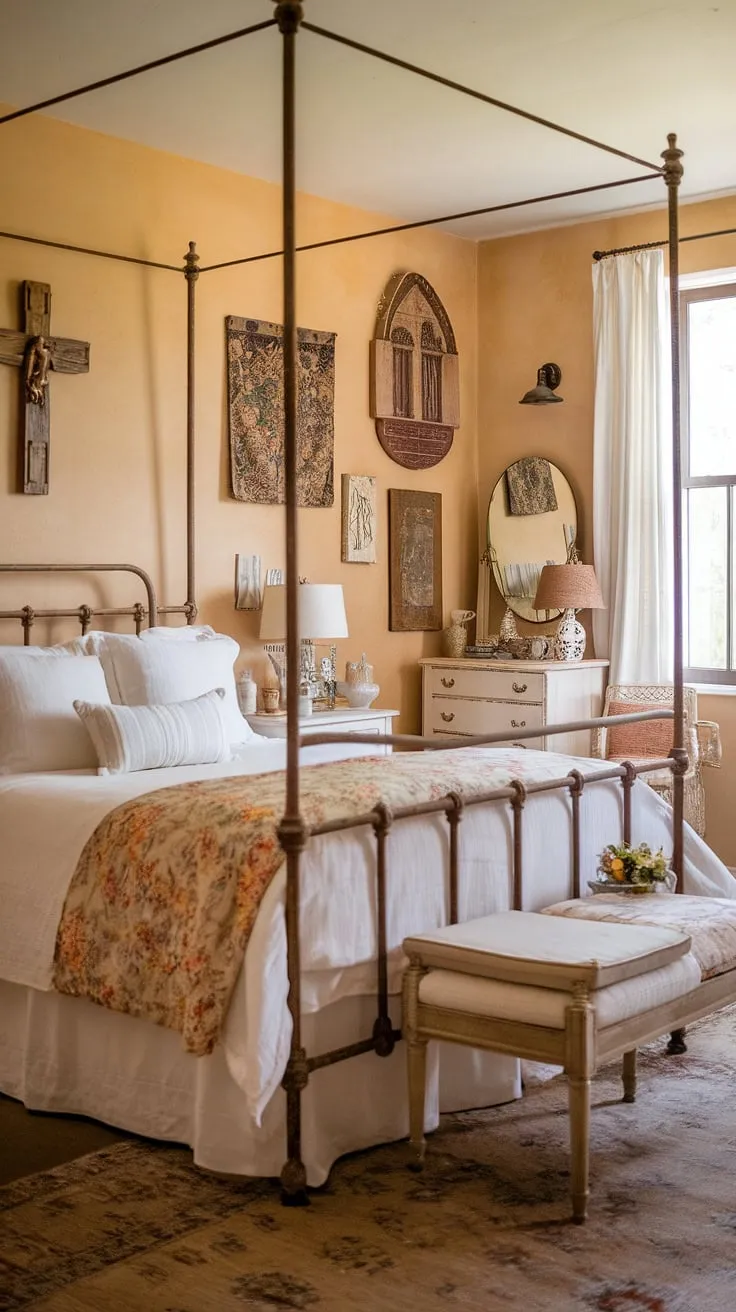 Dreamy escape in this cozy cottage bedroom. White country bedroom ideas meet rustic bedroom inspiration for a truly charming country chic bedroom decor. Southern home bedroom vibes abound in this farmhouse style haven.