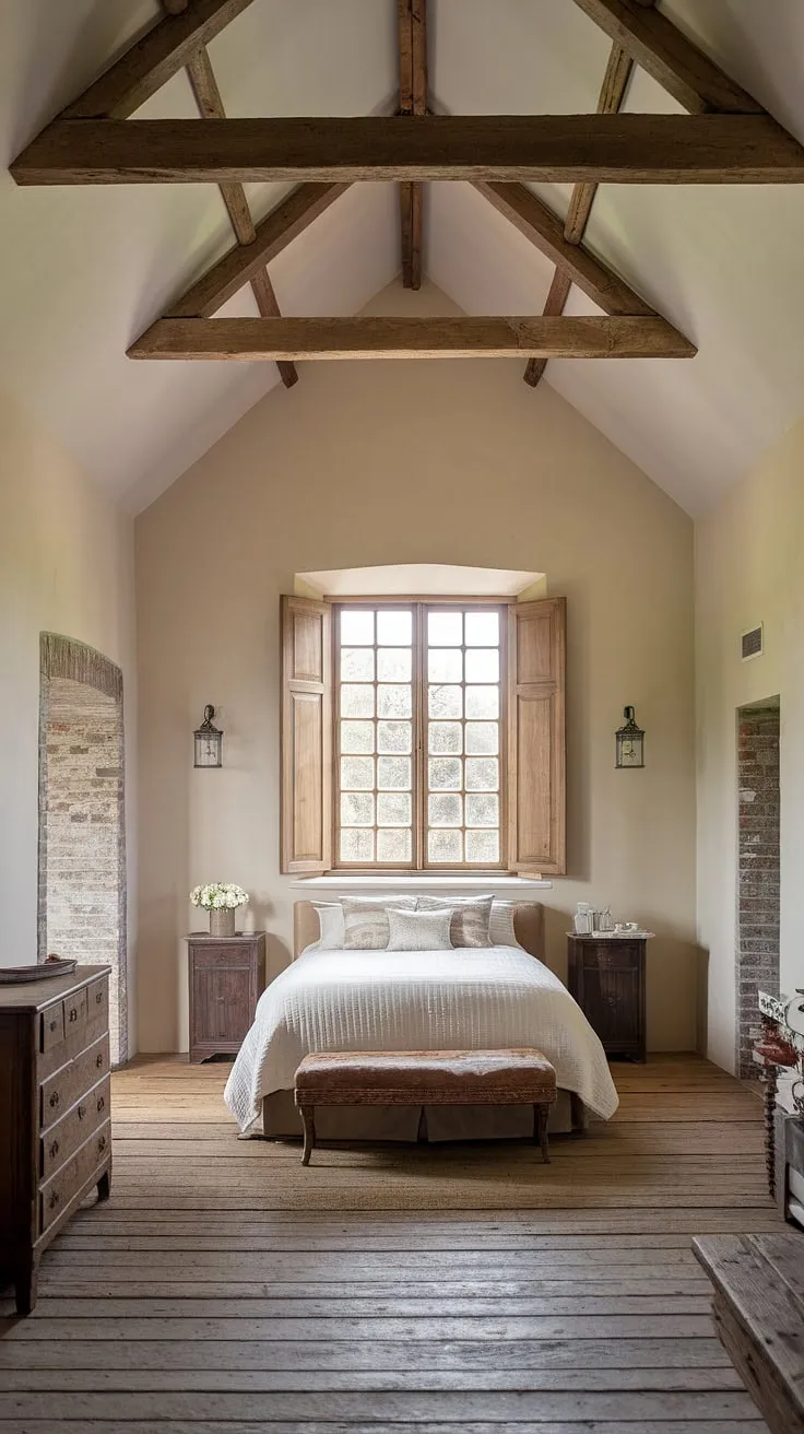 This charming country bedroom showcases the best of farmhouse style. White country bedroom ideas are brought to life with the crisp bedding and soft beige walls, while dark wood accents and worn wooden floors add a touch of rustic elegance. The exposed beams and brick wall create a cozy cottage bedroom atmosphere, perfect for those seeking country chic bedroom decor and rustic bedroom inspiration. This cottagecore vintage bedroom embodies the spirit of a southern home bedroom, a true country vintage bedroom retreat.