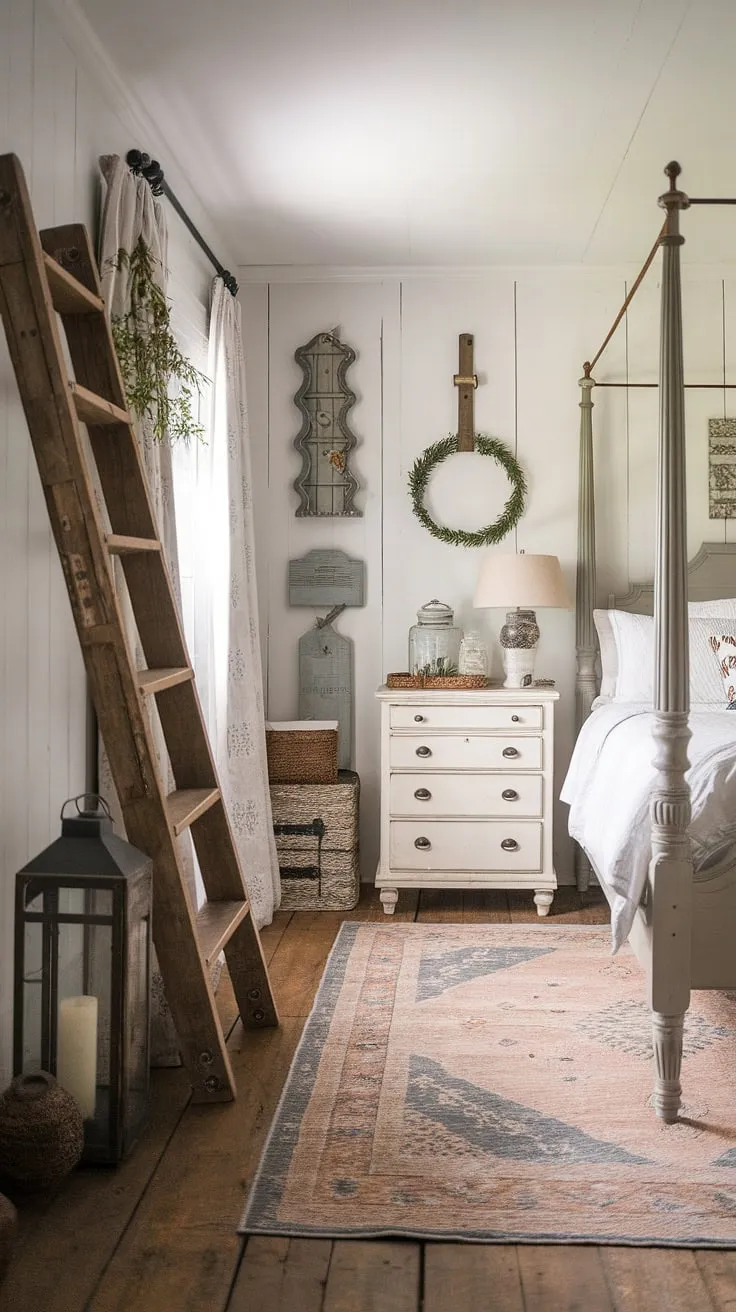 Dreamy white walls and vintage charm define this cozy cottage bedroom; a perfect blend of country chic bedroom decor and rustic bedroom inspiration.