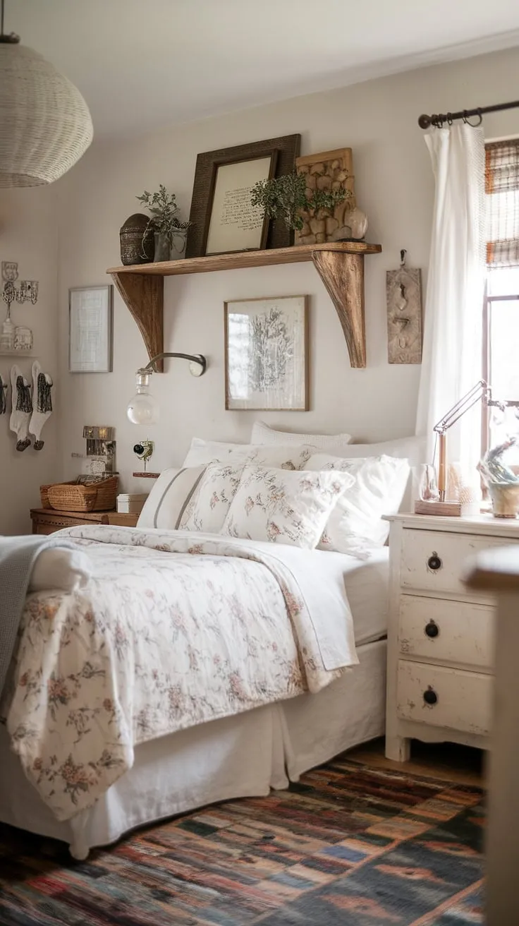 Step into this charming country bedroom, a haven of cozy chic country bedroom decor. White country bedroom ideas shine through in the crisp white bed adorned with a floral spread, complemented by a rustic wooden shelf and vintage lamp. The patterned rug and white curtains complete the cottagecore vintage bedroom aesthetic, offering rustic bedroom inspiration for a truly cozy cottage bedroom. This southern home bedroom embodies farmhouse style and country vintage bedroom charm.