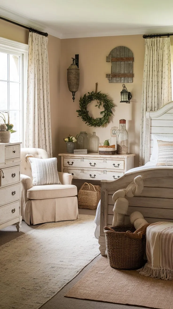 Sunlight streams through white curtains in this cozy cottage bedroom, showcasing a charming blend of country chic bedroom decor and farmhouse style. The white wooden headboard bed and dresser, paired with a beige armchair and rustic accents like a lantern and wreath, create a serene and inviting atmosphere. This rustic bedroom inspiration perfectly embodies white country bedroom ideas, offering a touch of cottagecore vintage bedroom charm and southern home bedroom elegance. It's the epitome of a cozy chic bedroom.