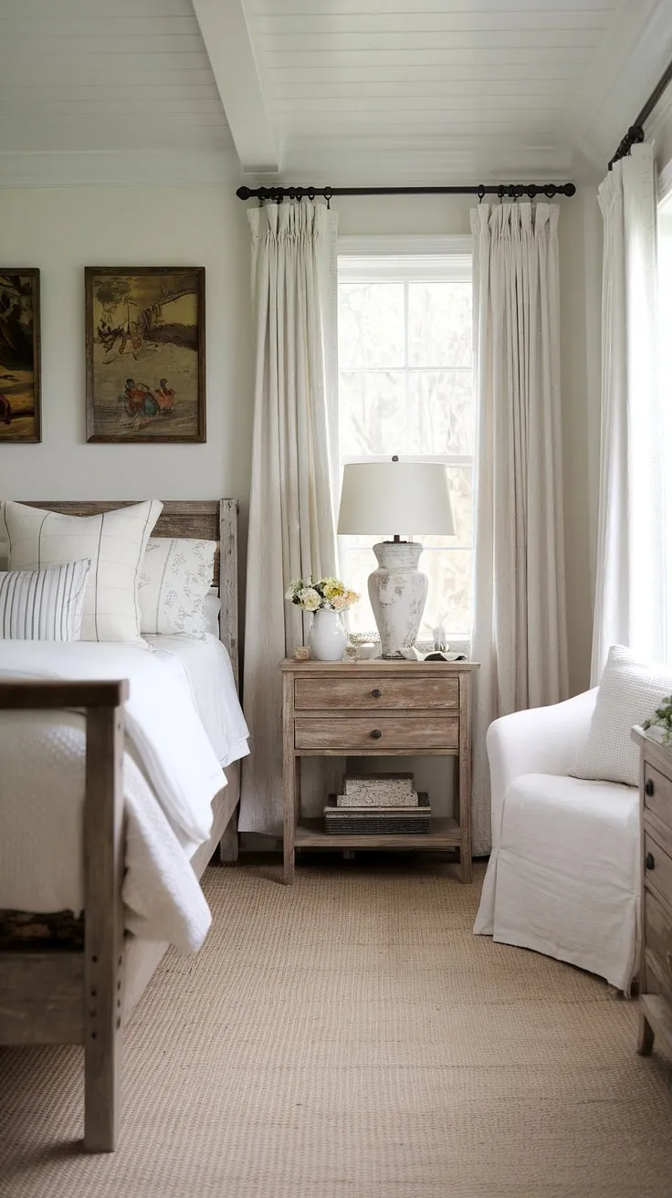This cozy cottage bedroom showcases the best of country vintage bedroom design. The white country bedroom decor, featuring a rustic wooden bed and simple nightstand, perfectly captures the essence of farmhouse style. This country bedroom is a dream come true for those seeking rustic bedroom inspiration and a touch of cottagecore vintage bedroom charm. The beige rug and white curtains complete the peaceful southern home bedroom aesthetic.