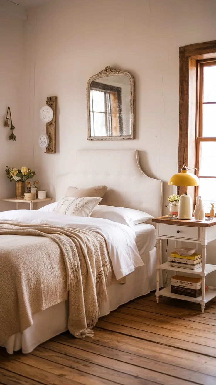 Southern home bedroom bliss: This country vintage bedroom boasts farmhouse style and country chic bedroom decor, creating the perfect cozy cottage bedroom retreat.