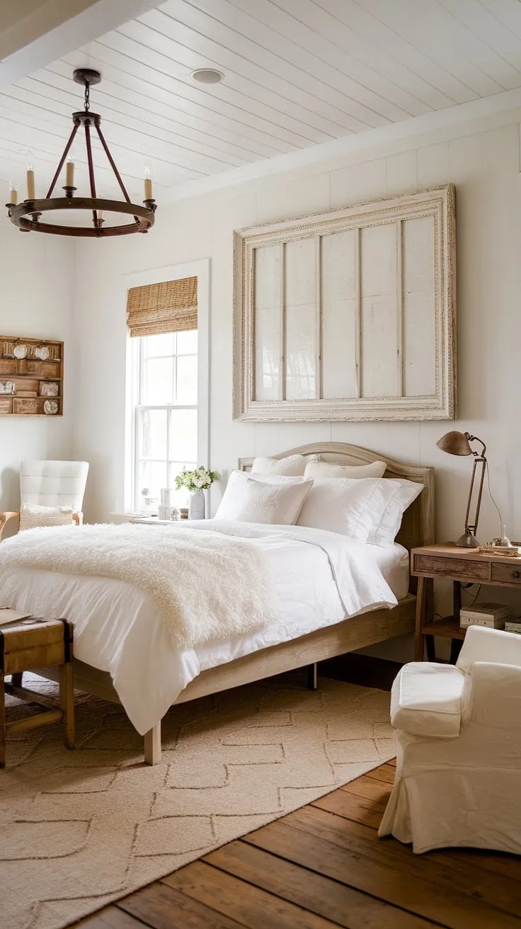 This country vintage bedroom embodies cozy cottage bedroom perfection. The country chic bedroom decor features a beautiful blend of farmhouse style and rustic elements, from the wooden bed and floors to the charming chandelier and white chair. The large white framed artwork above the bed adds a touch of elegance, while the overall feel is one of relaxed comfort. Find inspiration for your own rustic bedroom in this idyllic cottagecore vintage bedroom, a testament to white country bedroom ideas.