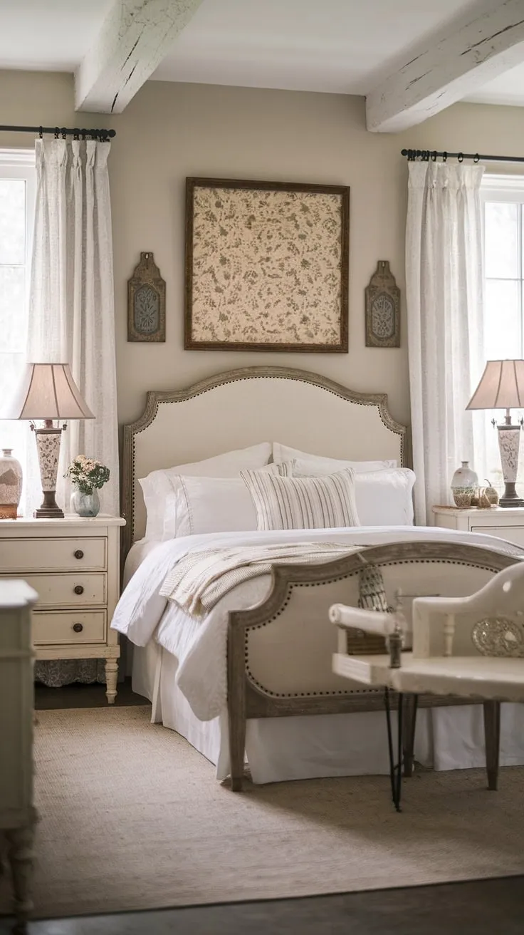 Step into this dreamy cottagecore vintage bedroom, a haven of country chic bedroom decor. The white furniture and rustic accents create a cozy chic bedroom atmosphere, offering rustic bedroom inspiration for your own space. This country bedroom is a beautiful example of white country bedroom ideas, blending farmhouse style with a touch of southern home bedroom elegance to achieve a truly tranquil country vintage bedroom.