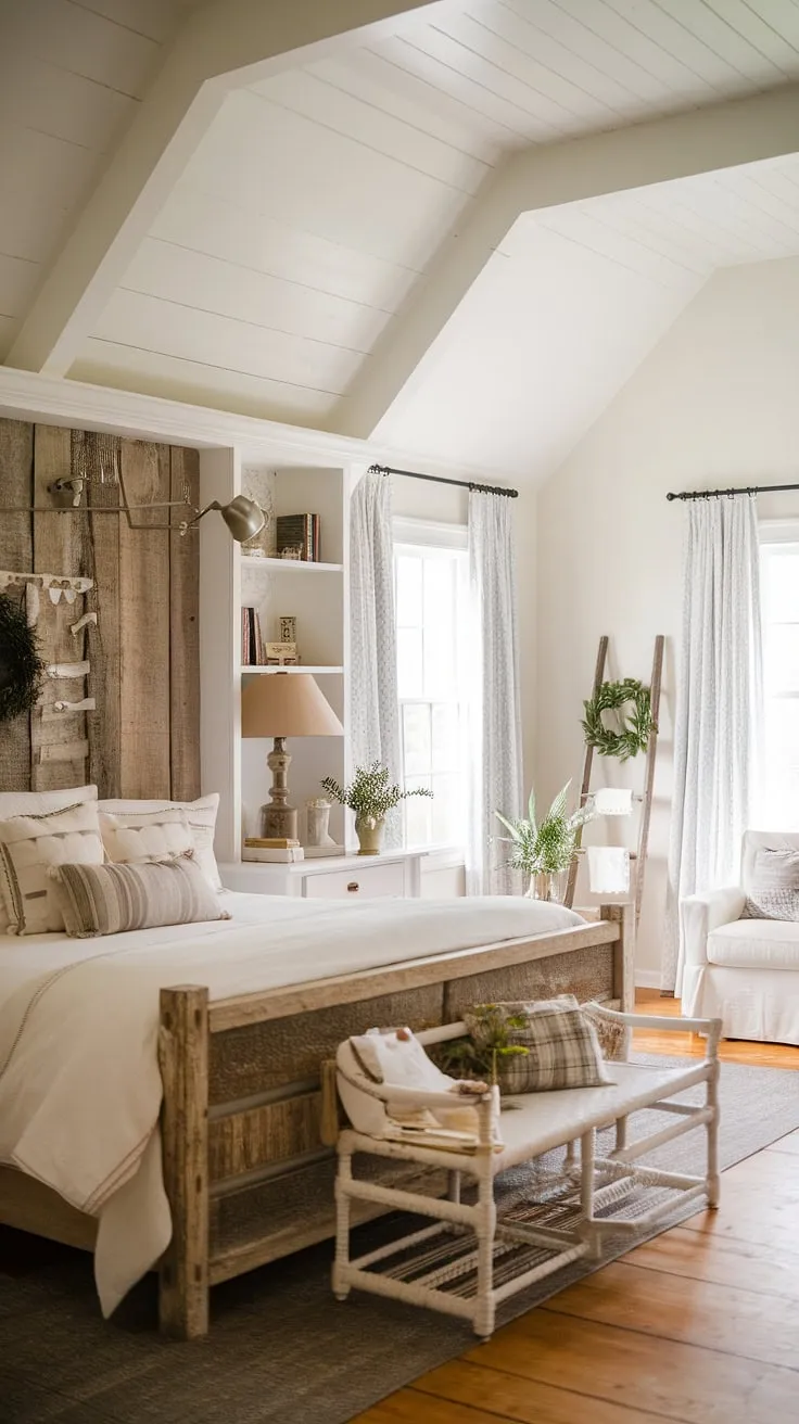 Dreamy white country bedroom, showcasing cozy chic bedroom decor and rustic bedroom inspiration. This farmhouse style haven offers the perfect blend of cottagecore vintage bedroom charm and southern home bedroom elegance.