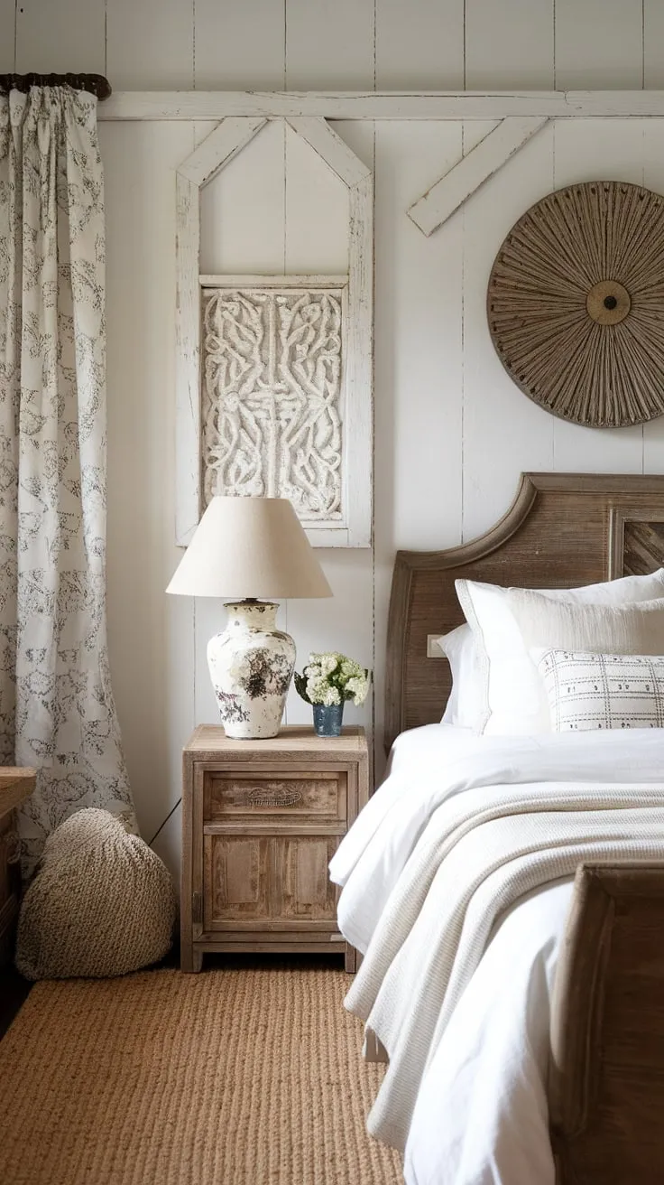 Dreamy white country bedroom ideas meet rustic charm in this cozy chic bedroom. The perfect blend of country vintage bedroom style and farmhouse style for a truly relaxing southern home bedroom.