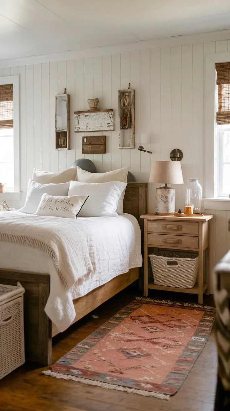 Step into this dreamy country vintage bedroom, a haven of rustic bedroom inspiration and cozy cottage bedroom comfort. The farmhouse style is evident in the wooden bed and floors, softened by the white duvet and walls. The worn rug and simple nightstand with lamp and wicker basket complete the country chic bedroom decor, creating a truly charming and peaceful cottagecore vintage bedroom, perfect for a southern home. This is the epitome of white country bedroom ideas.