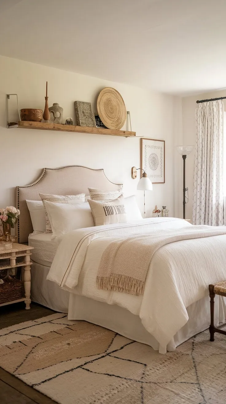 Escape to this dreamy country bedroom, a haven of cottagecore vintage bedroom style. The white country bedroom setup, complete with a queen-size bed and beige rug, exudes a calming farmhouse style. Touches of country chic bedroom decor and subtle rustic bedroom inspiration create a cozy cottage bedroom feel, perfect for a southern home bedroom or any space seeking a tranquil country vintage bedroom ambiance.
