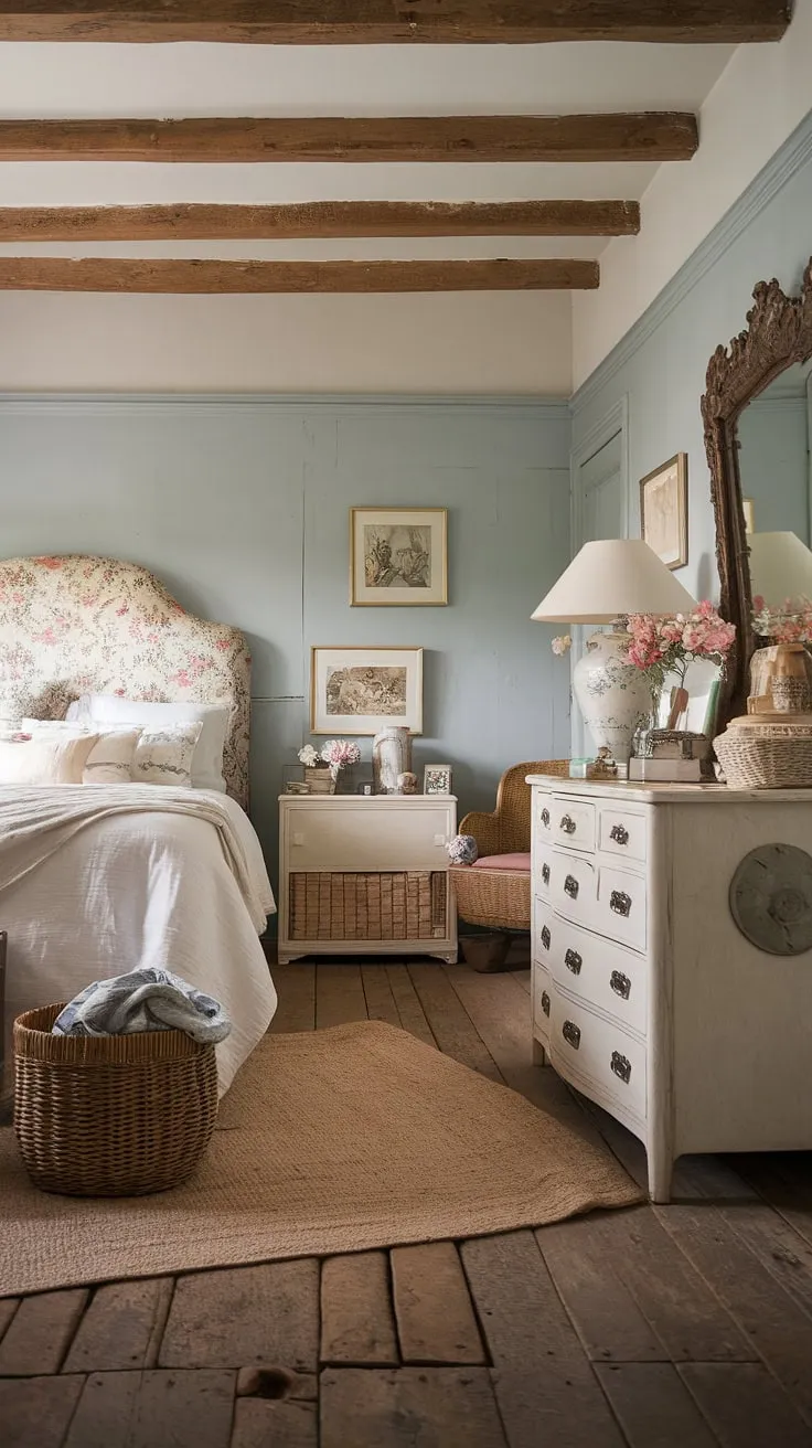This country vintage bedroom is the epitome of cozy chic bedroom design. The rustic wooden floors and light blue walls provide a calming backdrop for the white country bedroom, featuring a floral headboard and a white dresser with mirror. A perfect example of country bedroom style and rustic bedroom inspiration, this space offers a charming cottagecore vintage bedroom feel, ideal for those seeking southern home bedroom comfort and farmhouse style.