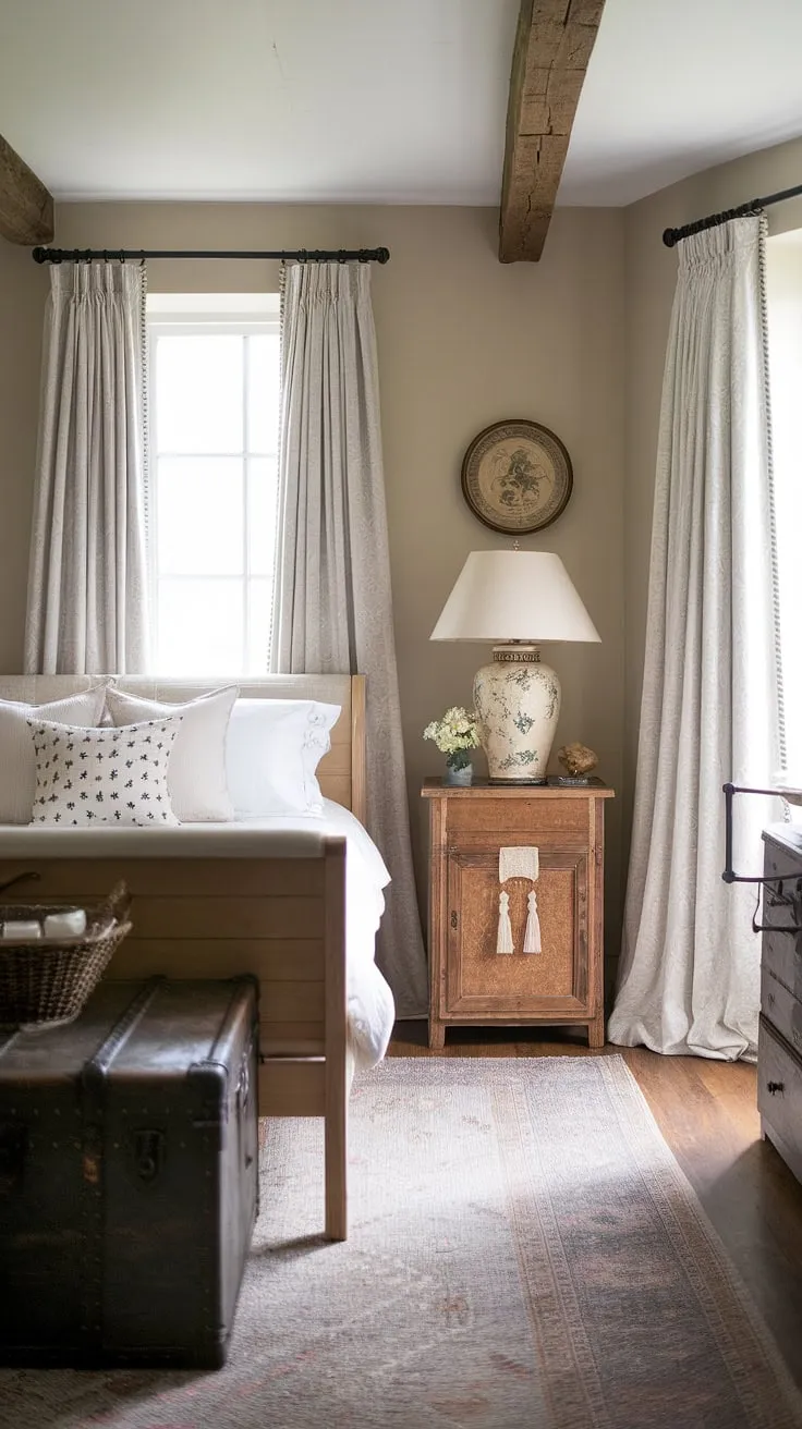 Dreamy escape in this cozy chic country bedroom. White country bedroom ideas meet rustic bedroom inspiration for a truly charming cottagecore vintage bedroom.
