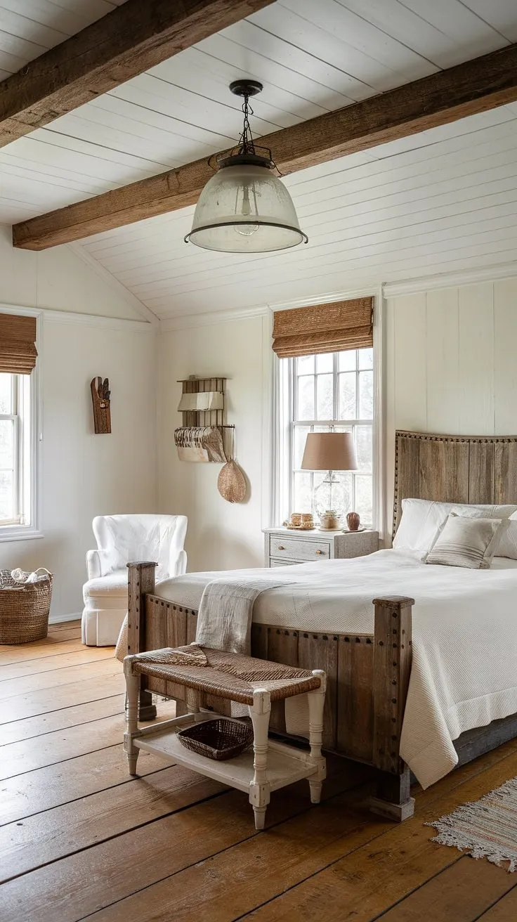 Step into this idyllic country bedroom, a haven of cottagecore vintage bedroom style. The farmhouse style is evident in every detail, from the sturdy wooden bed to the vintage light fixture. This cozy chic bedroom offers white country bedroom ideas with a touch of rustic charm, creating a perfect blend of country vintage bedroom and cozy cottage bedroom aesthetics. The wooden floors and simple decor complete the rustic bedroom inspiration.