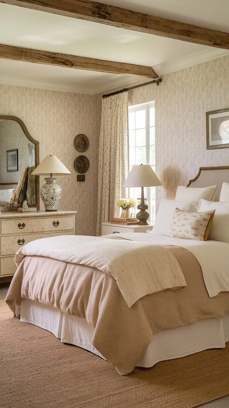 Step into this serene country bedroom, where country chic bedroom decor meets cozy cottage bedroom comfort. The beige and white color scheme, accented by rustic elements and a vintage dresser, creates a truly inviting space. This farmhouse style bedroom, with its king-size bed and woven rug, offers rustic bedroom inspiration for a charming southern home bedroom. The cottagecore vintage bedroom aesthetic is perfectly captured in this white country bedroom ideas showcase.