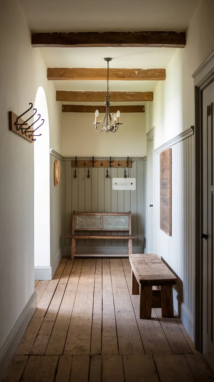 Step into this charming country entryway, where a rustic hallway and rustic wooden bench welcome you home. Hallway design ideas meet modern rustic homes in this vintage home, showcasing beautiful home decor.