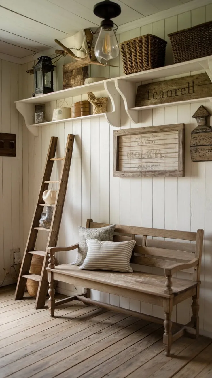 Step into this inviting country entryway, where rustic charm meets modern comfort. The rustic wooden bench, vintage lamp, and thoughtfully curated home decor create a welcoming rustic hallway, perfect for modern rustic homes. Hallway design ideas abound in this vintage home.